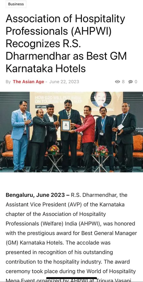 AHPWI recognizes R. S. Dharmendra — coverage of Karnataka chapter leadership at World of Hospitality