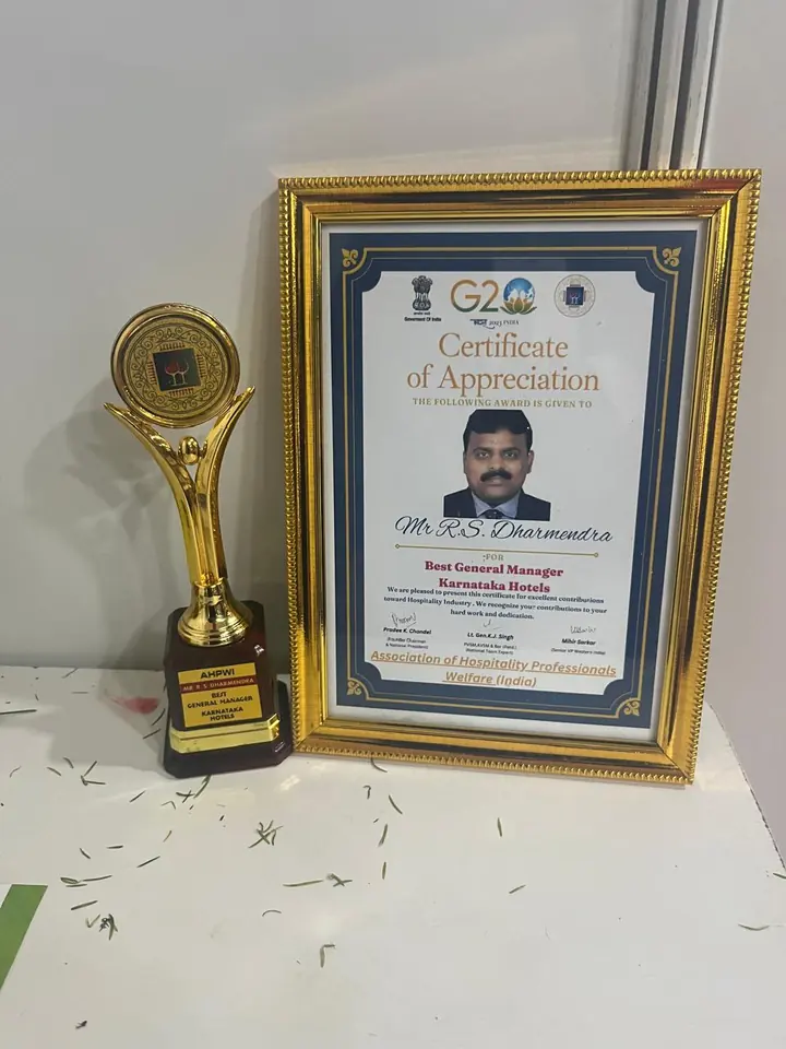 AHPWI Best General Manager Karnataka Hotels certificate and trophy awarded to R. S. Dharmendra
